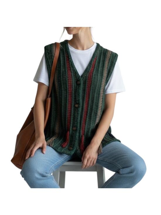 Vintage Sweaters - Vintage 90s Green Stripe Ramie Tassel Sweater Vest Cottagecore M Grandpacore